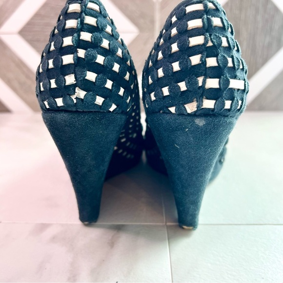 Duex lux vintage y2k suede black woven checkered peep toe wedge size 38 black - Picture 6 of 12